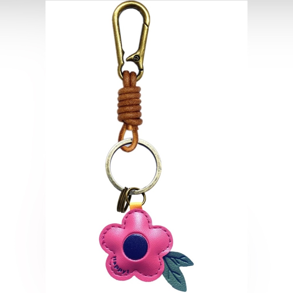 Leather Flower “Happy” inscribed Keychain or Bag Charm with Gold Clip